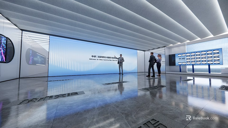 Modern Exhibition Hall With Large Screen Polished Floor Ceiling Light Strips And Visitors 3d model 