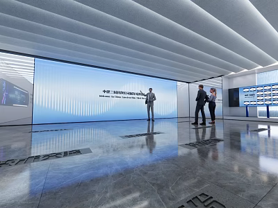 Modern Exhibition Hall With Large Screen Polished Floor Ceiling Light Strips And Visitors 3d model
