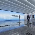 Modern Exhibition Hall With Large Screen Polished Floor Ceiling Light Strips And Visitors