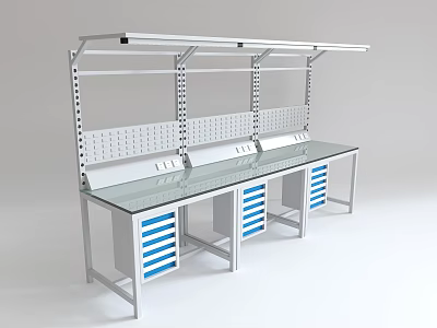 Industrial Workshop Workbench With Metal Frame Glass Countertop Pegboard Back Panel And Blue Drawers 3d model