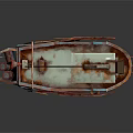 Rusty Old Metal Boat Model With Blue Brown Weathered Structure And Cabin Railings