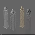 Traditional Stone Lion Sculptures With Carved Stone Pillars And Textured Surfaces