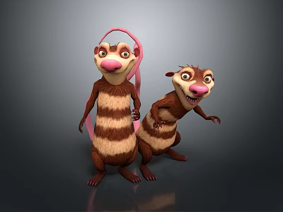 Animated Game Movie Characters With Brown White Stripes Pink Hair Lively Stance And Exaggerated Expressions 3d model