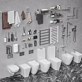 Modern Bathroom Suite With Toilets Basins Towel Racks Shelves And Shower Accessories