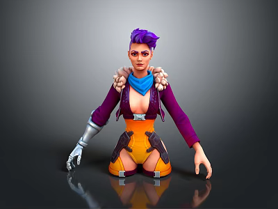 Game Movie Character With Purple Hair Blue Scarf Metallic Arm Orange Shorts Kneeling Pose 3d model