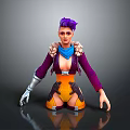 Game Movie Character With Purple Hair Blue Scarf Metallic Arm Orange Shorts Kneeling Pose