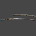 Japanese Samurai Sword Ancient Weapon With Patterned Blade Decorative Hilt And Dark Scabbard