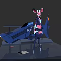 Futuristic Character With Mythical Creature Features Pink Ears Mechanical Blue Aircraft And Purple Outfit