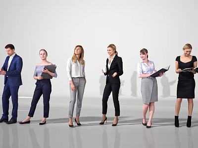 Group of Business Professionals Standing in Formal Attire Holding Documents and Devices 3d model
