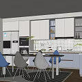 Modern Restaurant Dining Area With White Cabinets Blue Gray Chairs Green Plants And Wooden Floor