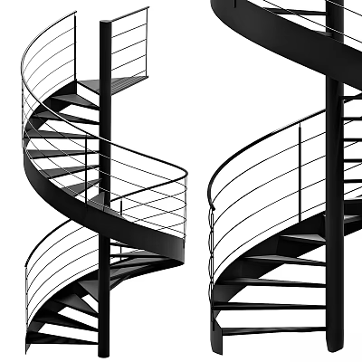 Modern Spiral Staircase Design With Metal Railings And Black Steps 3d model