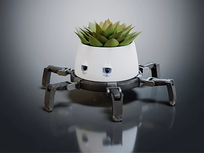 White Planter With Eye Patterns And Spider Like Legs Holding Succulent Plant 3d model