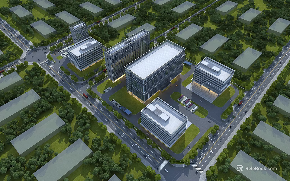 Aerial Planning Layout of Modern Building Complex Featuring Road Network and Green Spaces 3d model 