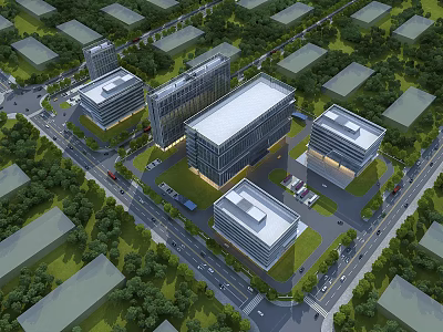 Aerial Planning Layout of Modern Building Complex Featuring Road Network and Green Spaces 3d model