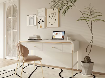 Modern Home Office Desk With White Surface Gold Legs Comfortable Chair And Laptop 3d model