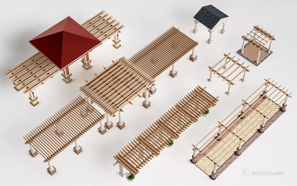 Various Wooden Pergola Models With Different Roof Designs And Column Structures 3d model 