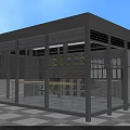 Modern Glass And Metal Modular Structure With Large Windows Shelves And Checkerboard Floor