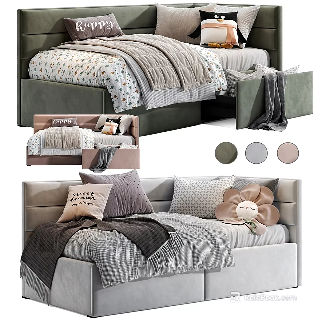 Stylish Children's Bed With Soft Bedding Pillows And Multiple Color Options 3d model 
