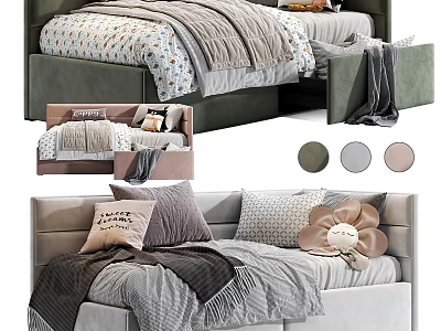 Stylish Children's Bed With Soft Bedding Pillows And Multiple Color Options 3d model