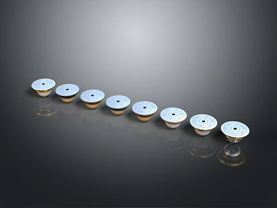 White Round Lighting Combination Eight Units Arranged in Arc on Black Surface Gold Base Reflections 3d model