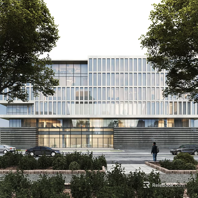 Modern Office Building With Glass Curtain Wall Trees Vehicles And Pedestrians 3d model 