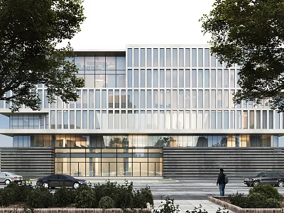 Modern Office Building With Glass Curtain Wall Trees Vehicles And Pedestrians 3d model