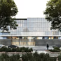 Modern Office Building With Glass Curtain Wall Trees Vehicles And Pedestrians