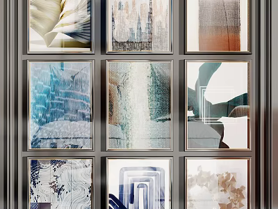 Abstract Artworks in Metal Frames with Grid Arrangement and Diverse Patterns 3d model