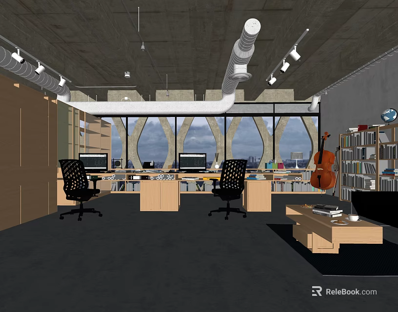 Modern Public Office Space With Desks Computers Office Chairs Large Windows And City View 3d model 