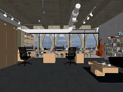 Modern Public Office Space With Desks Computers Office Chairs Large Windows And City View 3d model