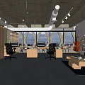 Modern Public Office Space With Desks Computers Office Chairs Large Windows And City View