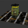 Yellow Tower Structure On Platform With Ground Stripes And Tracks