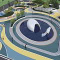 Modern Park Landscape Design With Curved Pathways Colorful Ground Water Pond And Green Trees