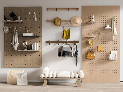 Functional Wooden Wall Decor with Pegboard Hanging Rods Hats Bags Towels and Bench 3d model
