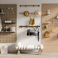 Functional Wooden Wall Decor with Pegboard Hanging Rods Hats Bags Towels and Bench