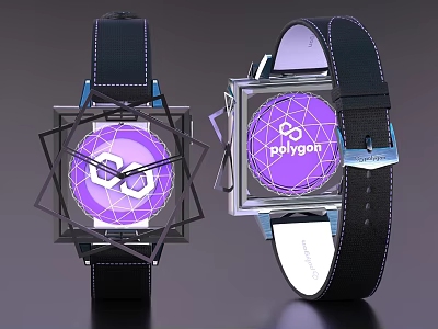 Stylish Square Watches Featuring Black Straps Purple Dials And Polygon Geometric Design 3d model