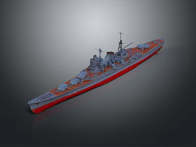 Large Battleship Water Transport with Multiple Turrets Masts Gray Hull and Red Bottom Design 3d model