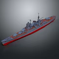 Large Battleship Water Transport with Multiple Turrets Masts Gray Hull and Red Bottom Design