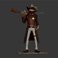 Western Cowboy Character 3D Model With Hat Beard Rifle Pistol Long Coat And Wooden Base