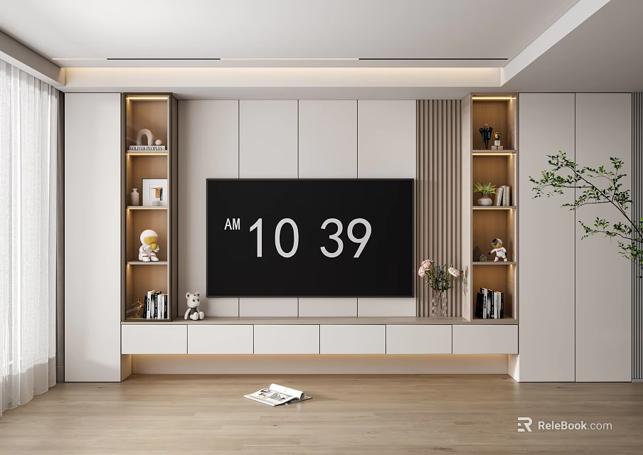 Modern TV Stand With Storage Shelves TV Decorations Books And Green Plant In Living Room 3d model 