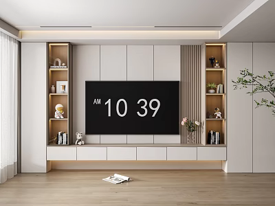 Modern TV Stand With Storage Shelves TV Decorations Books And Green Plant In Living Room 3d model