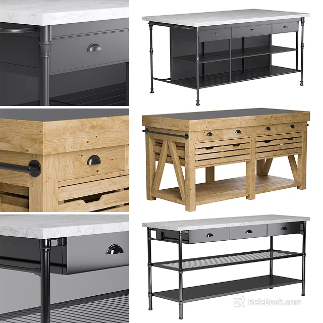 Modern Kitchen Storage Units With Wooden Metal Shelves Drawers And Worktables 3d model 