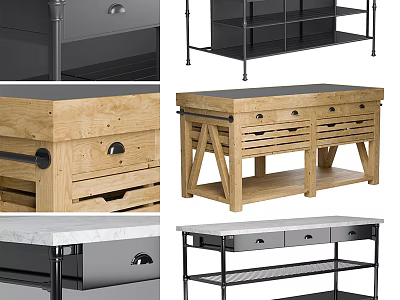 Modern Kitchen Storage Units With Wooden Metal Shelves Drawers And Worktables 3d model