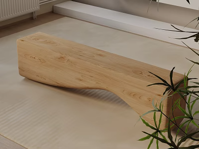 Wooden Shoe Bench In Modern Indoor Space With Natural Wood Design And Green Plant Near Mat 3d model