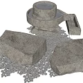 Traditional Stone Mill Setup With Two Millstones And Scattered Small Stones 3d model