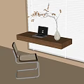 Modern Floating Wooden Desk with Laptop White Vase Plant and Chair by Bright Light Window