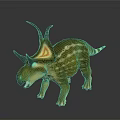 Triceratops Standing On Dark Surface With Yellow Brown Striped Body Horns Frill And Open Mouth