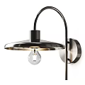 Modern Black Wall Lamp With Curved Arm Round Shade And Transparent Bulb Emitting Warm Light