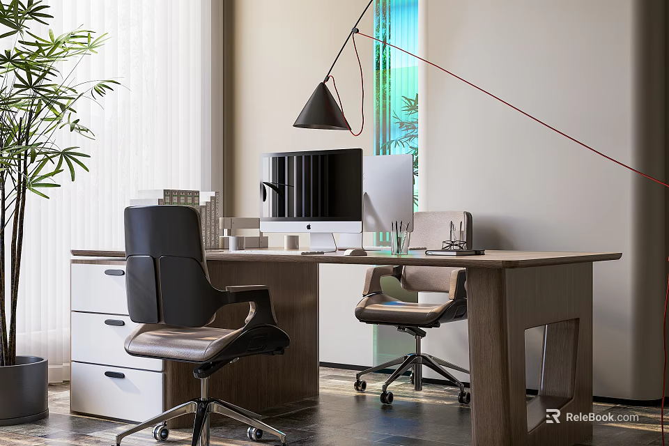 Modern Wooden Office Desk With Computer Monitor Desk Lamp Black Leather Chair And Wheeled Chair 3d model 