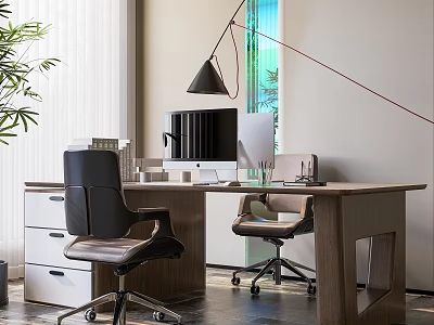 Modern Wooden Office Desk With Computer Monitor Desk Lamp Black Leather Chair And Wheeled Chair 3d model